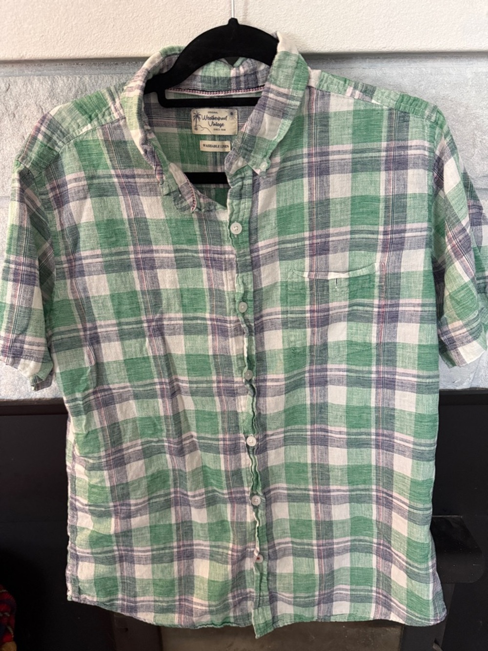 Weatherproof washable linen Plaid Short Sleeve Button-Down Shirt casual beach Lg